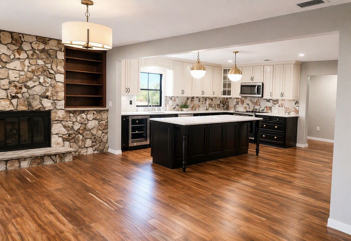 Finished kitchen and fireplace wide shot