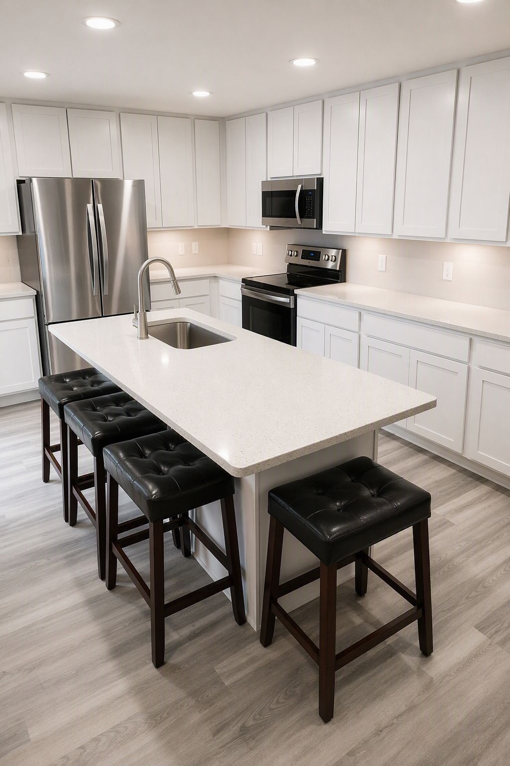 Finished white kitchen with stools